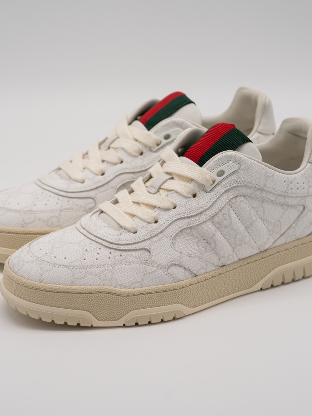 Gucci Women's Sneakers White Re-Web Leather GG Print Beige size 38.5 8.5 US